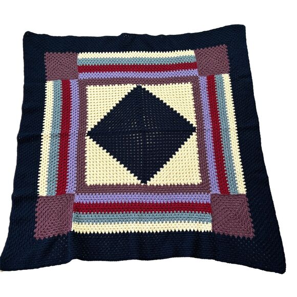 Crocheted Afghan Throw Blanket Handmade Square Country Farmhouse - Picture 2 of 4